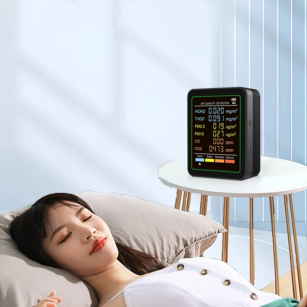 Multifunctional 6 in 1 Air Quality Detector Tester Temperature Humidity Meter TVOC PM2.5 PM10 CO CO2 Household
