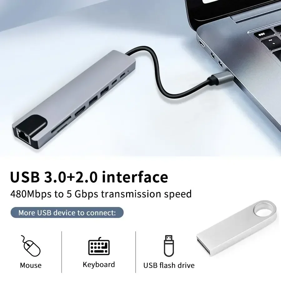 8 in 1 USB C HUB Type C Phone Adapter with 4K HDMI 87W PD USB Docking Station RJ45 for MacBook Pro Air Laptop Pad Card Reader