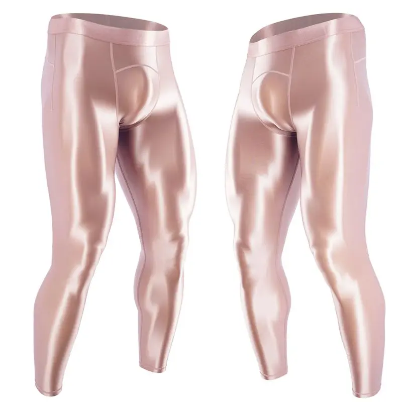 Mens Sports Pants Glossy Satin Men Leggings High Waist Smooth Skinny Pants Sports Tights Quick-drying Outdoor Fitness Gym Trousers