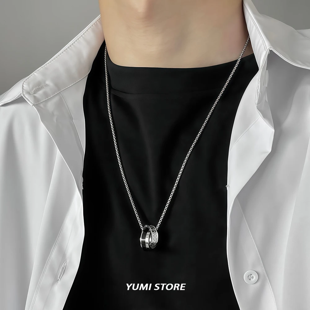 Retro-Doppelring-Anhänger-Halskette für Damen und Herren, luxuriöser Titanstahl, nicht verblassend, Pulloverkette, Hip-Hop-Paarschmuck, Kpop-Geschenk