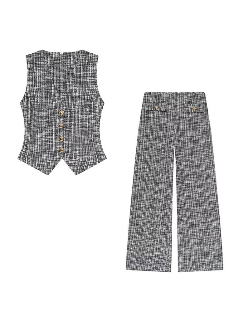 Spring New Women's Vest Pant Two Piece Set Wide Leg Pant Suit Office Ladies Button Up Vest Top Straight Pants Fashion Set
