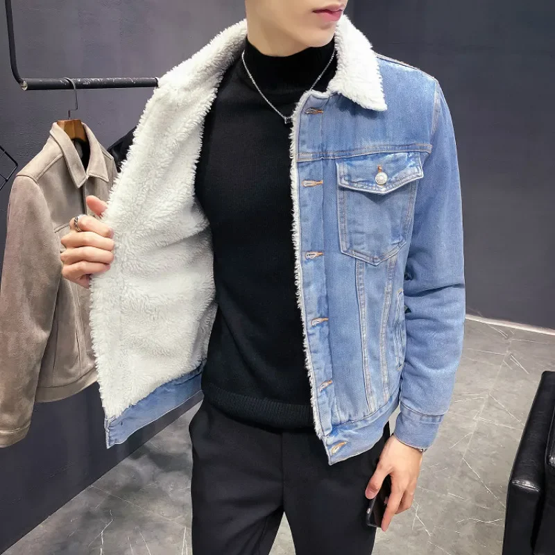 2022 New Winter's Mens Fashion Fleece Thick Pure Color Casual Denim Jacket Male Cotton Slim Vintage Jackets Men Coats oversized fajarina men s cowhide leather denim thickened pure belts top layer cow skin pants belt brass buckle male 10 years use n17fj1206