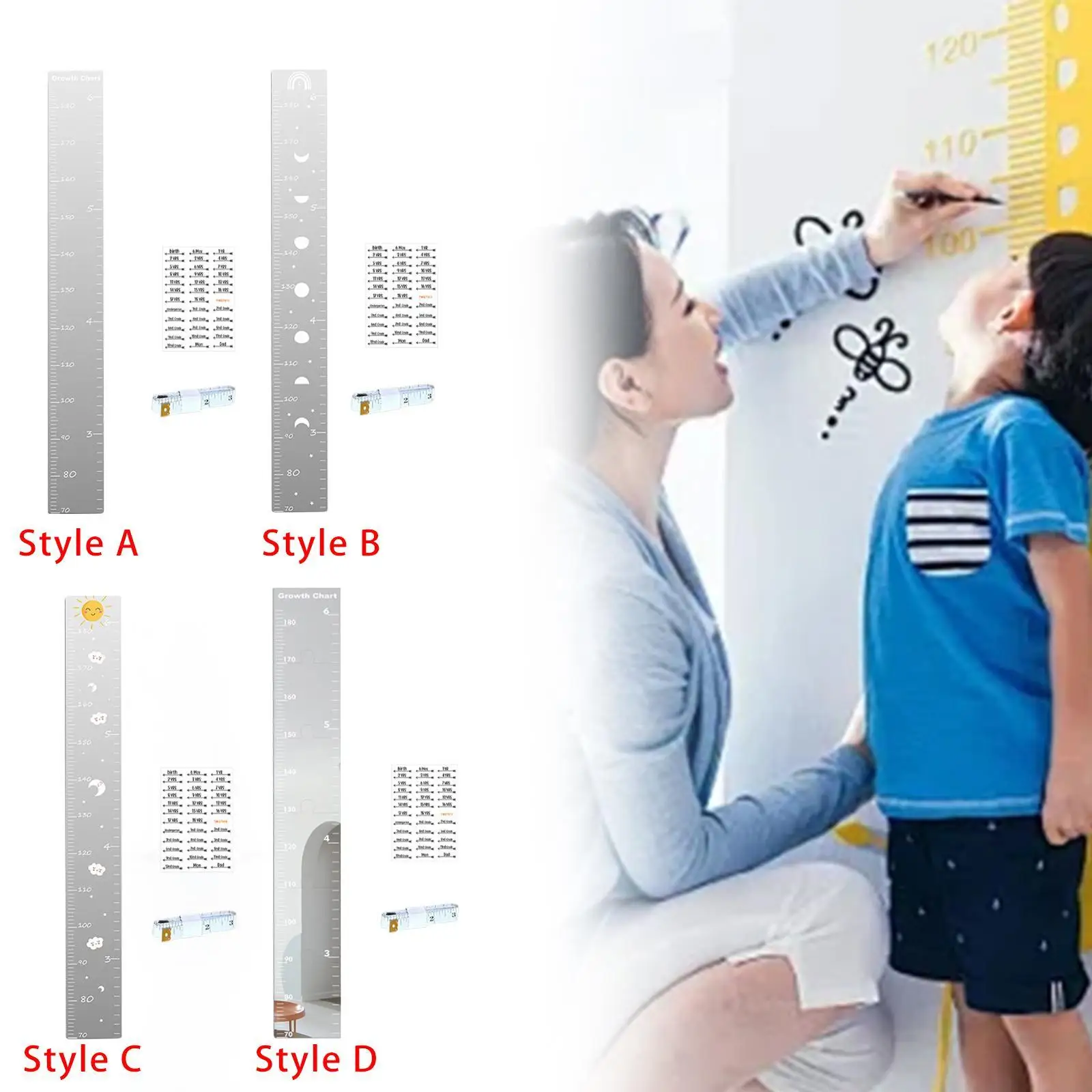 Acrylic Growth Chart for Kids Mirror Height Ruler 47.2x5.9 Inch for Bedroom Easy Install Wall Decor