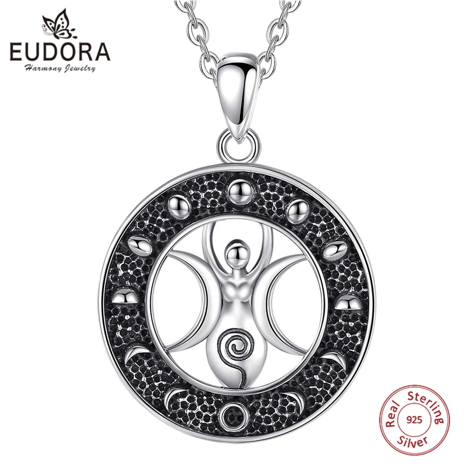 

Eudora 925 Sterling Silver Triple Moon Goddess Necklace for Women Man Vintage Lunar Cycle Moon Phase Pendant Witch Jewelry Gift