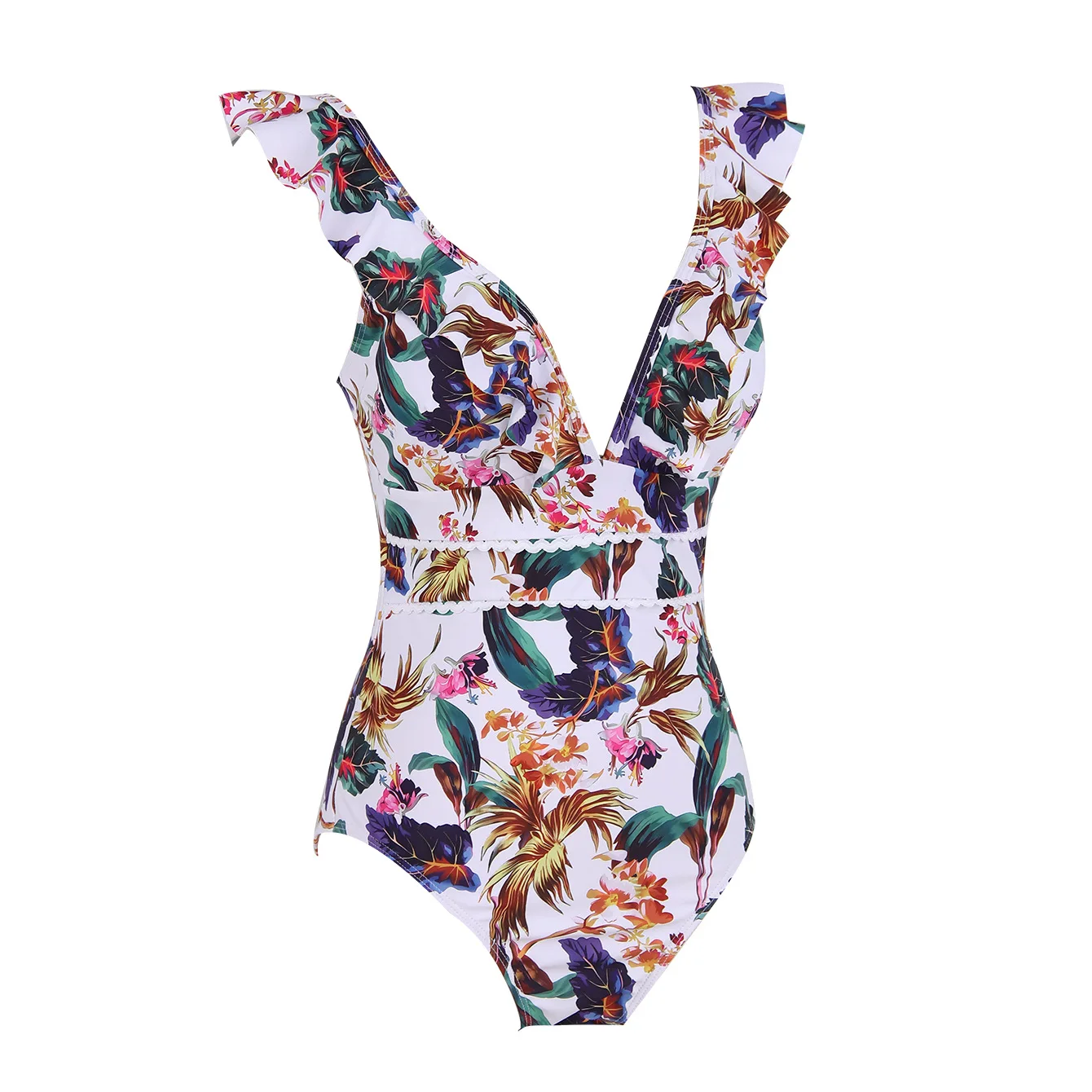 New Fashion Swimwear One-piece Swimsuit Women's Flying Edge Deep V Printing Sling High-waisted Bikini Summer Beach