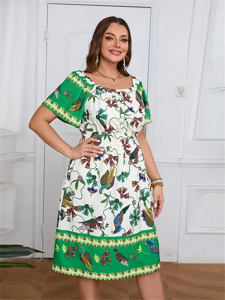 Wmstar Plus Size Dresses for Women Froral Print Short SleeveStretch Elegant Long Dress Summer Clothes Wholesale Dropshipping