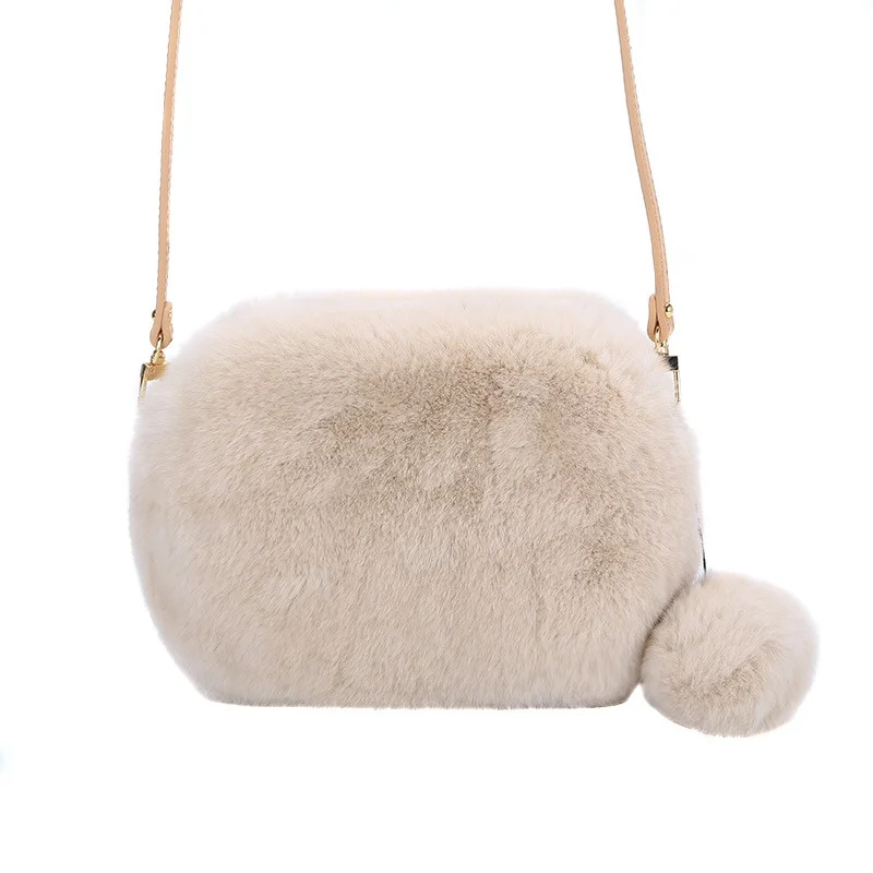 Women\'s Mini Chain Crossbody Fur Bag New Luxury Rex Rabbit Fanny Pack Soft Plush One-shoulder Small Square Bag