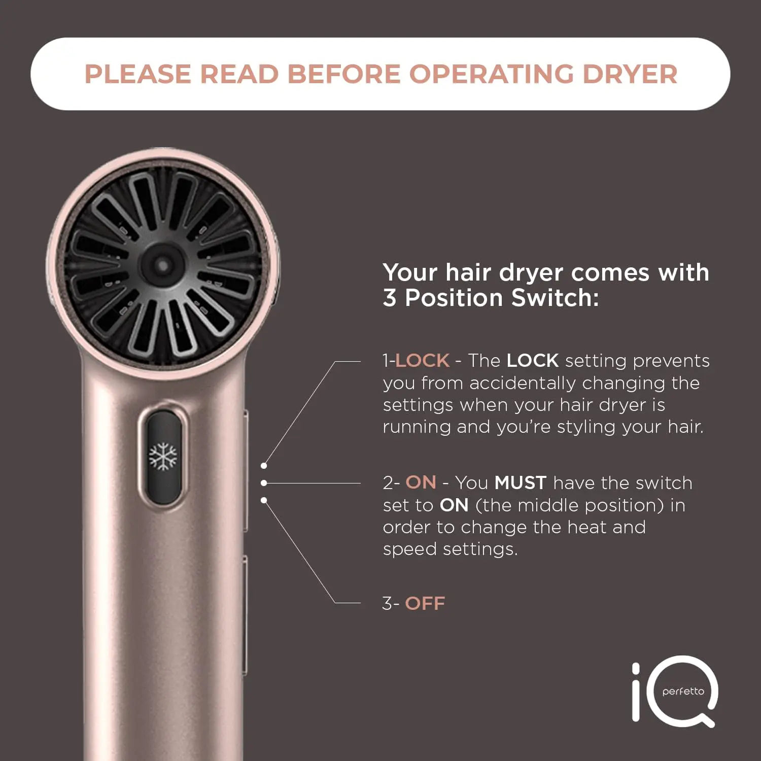 Italy Professional Hair Dryer Rose Gold - IQ Perfetto Lightweight, Powerful Pro Salon Blow with Diffuser & 2 Concentrator N 2