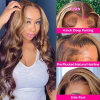 Perruque Highlight en Cheveux Humains, Perruque Frontale en Dentelle HD 13x6, Perruque Frontale Sans Colle 13x4 Blond Miel Ondulée, Cheveux Brésiliens Remy pour Femme 4