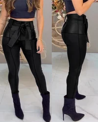 Women's Pants Patchwork High Waisted Pants 2023 Fashion Street Style Personalized Pants Pu Leather Patch Skinny Pants with Belt