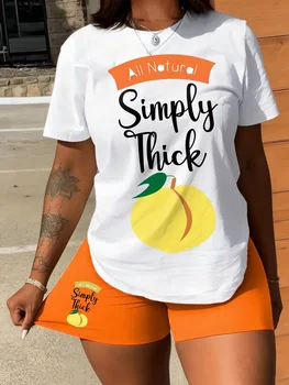 Women's fashionable casual plus-size set with the "All Natural Simply Thick" logo and fruit pattern print, featuring a round-nec 1