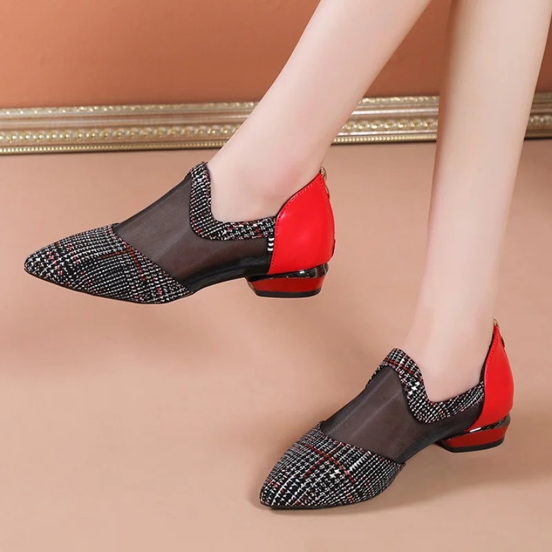 

Women's Breathable Pointed Toe Single Shoes 2023 Summer Back Zip Shallow Heeled Shoes for Women Retro Dress Office Ladies Pumps