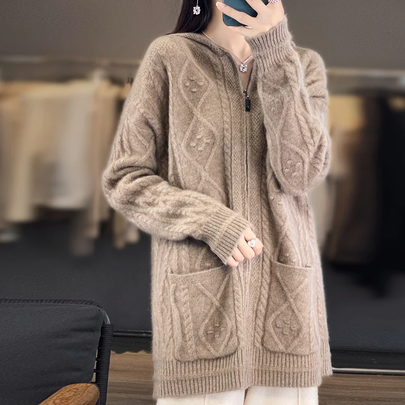 100% 메리노 울 후디, 캐주얼 루즈 점퍼, 세련된 한국 지퍼 가디건, 긴팔 상의, 두껍고 따뜻한 재킷, 가을, 겨울, 신상