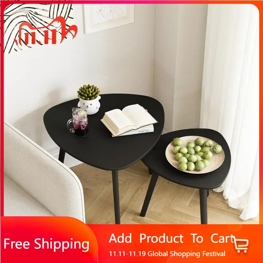 Bamboo and wood triangular end table, set of 2 living room coffee tables, modern minimalist side table in the living room