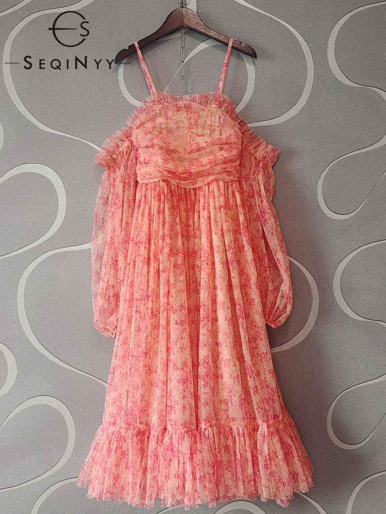 

SEQINYY Elegant Midi Dress Summer Spring New Fashion Design Women Runway High Street Vintage Flowers Print Mesh Lantern Sleeve