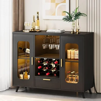 Modern Black Bar Cabinet – LED, Wine & Glass Rack with Power Sockets 1