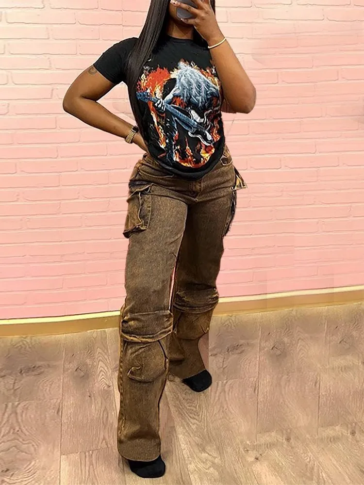 

Tie Dye High Waisted Long Jeans For Girls Cargo Pants Vintage Streetwear Floor Length Wide Leg Denim Pants With Multi Pockets