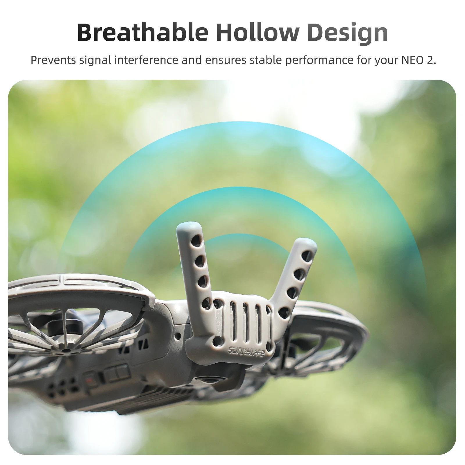 Accessoire de vol protecteur d'antenne DJI Neo 2 installé sur drone, vue latérale.