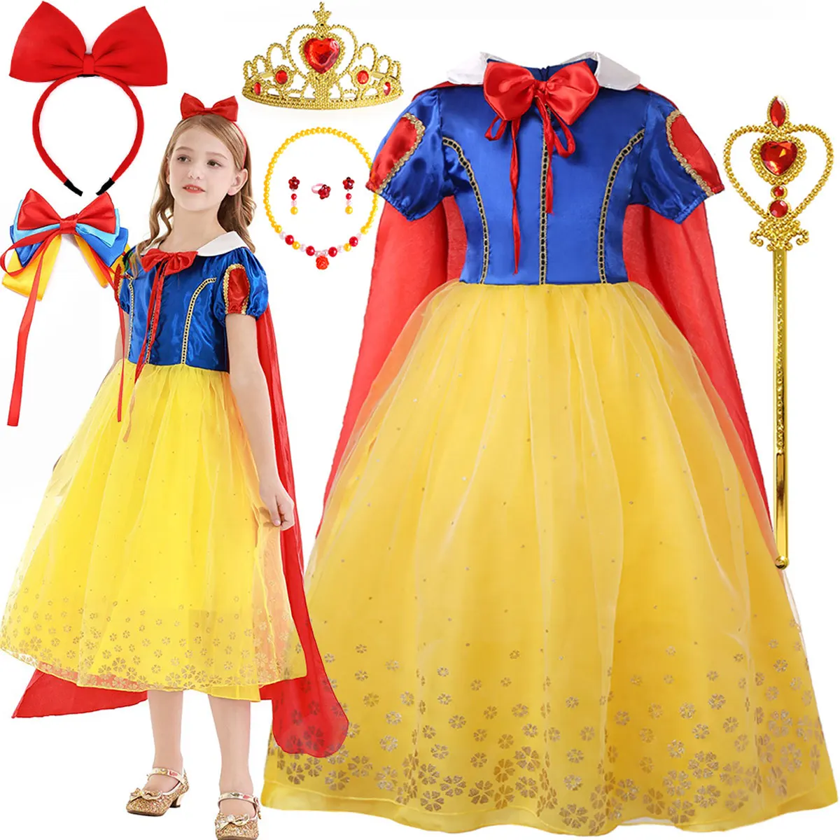 

Girl Snow White Dress for Kids Costume with Cloak Halloween Lace Ball Gown Children Party Birthday Bowknot Clothing 2-10Y