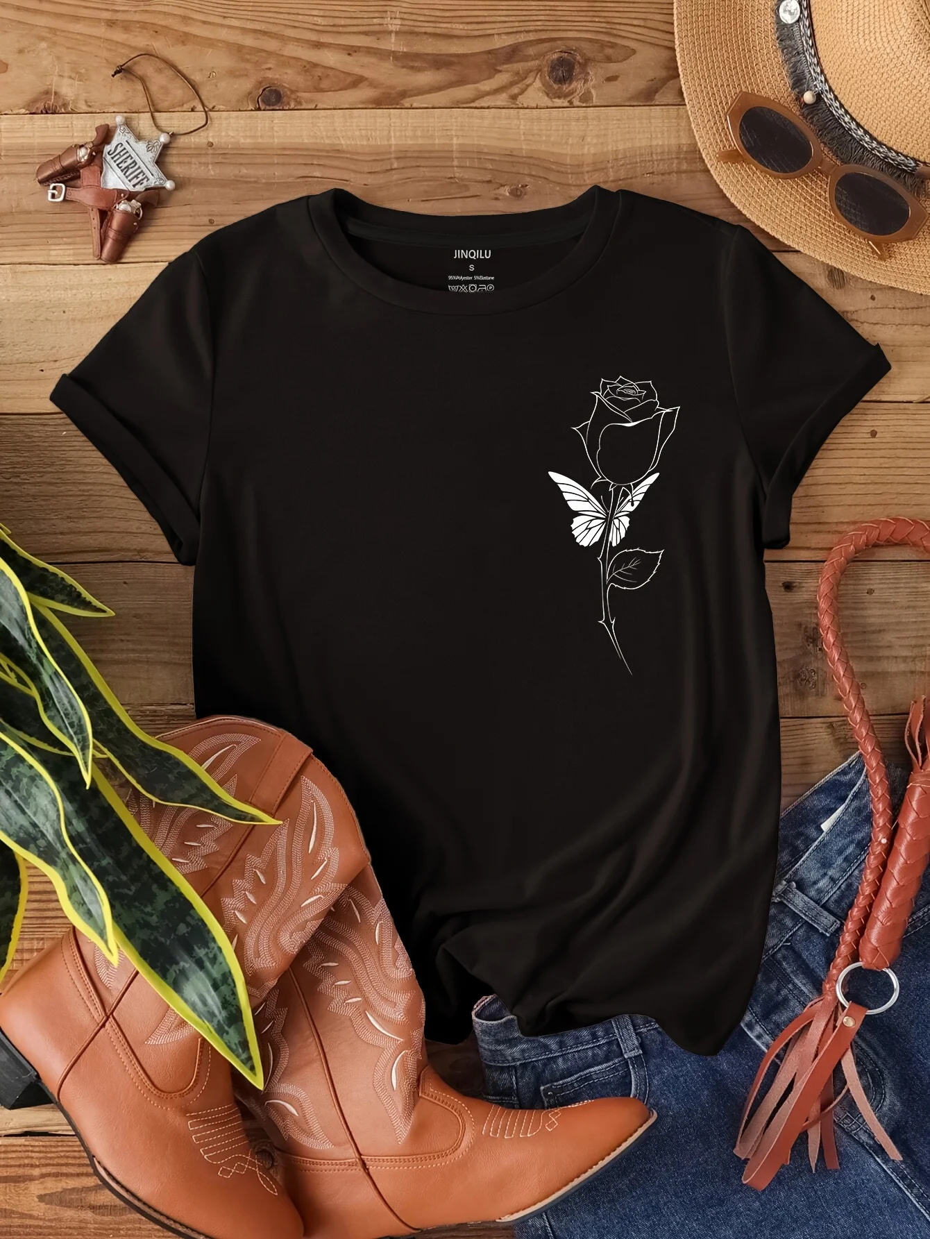 

Футболка с круглым вырезом и принтом розы, повседневный топ с коротким рукавом для весны и лета, женская одежда