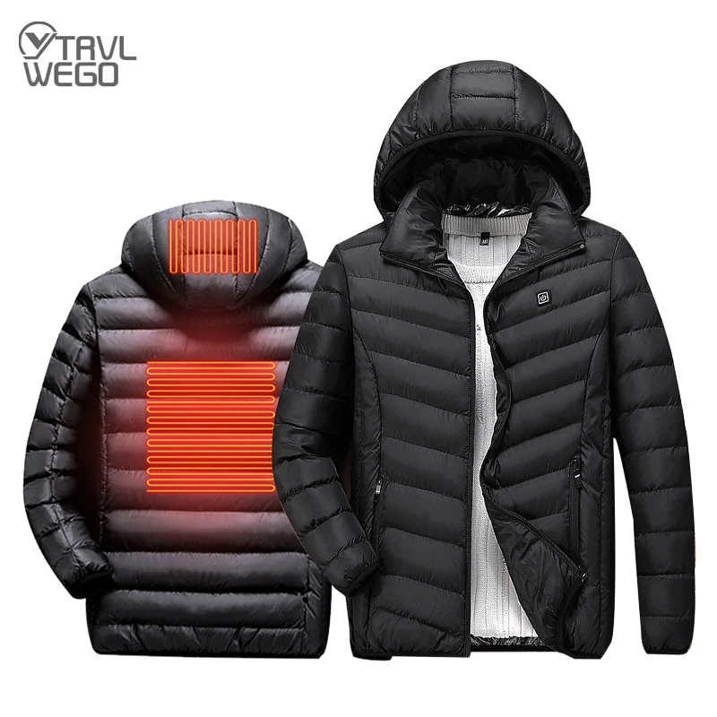 TRVLWEGO Winter Down Jacket For Men Electric Heating Warm 3rd Gear 8 Hours White Duck Down Solid Color USB Charging Hooded Coat