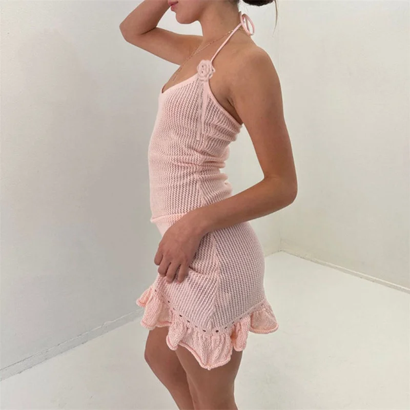 Halter Dress y2k Clothes Women Summer Solid Color Sleeveless Knitted Bodycon Dress with 3D Flower Beach Party Dresses