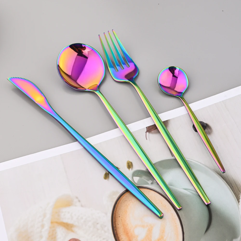 

24Pcs Upscale Rainbow Dinnerware Set Stainless Steel Tableware Knife Fork Tea Spoon Flatware Dinner Cutlery Mirror Silverware