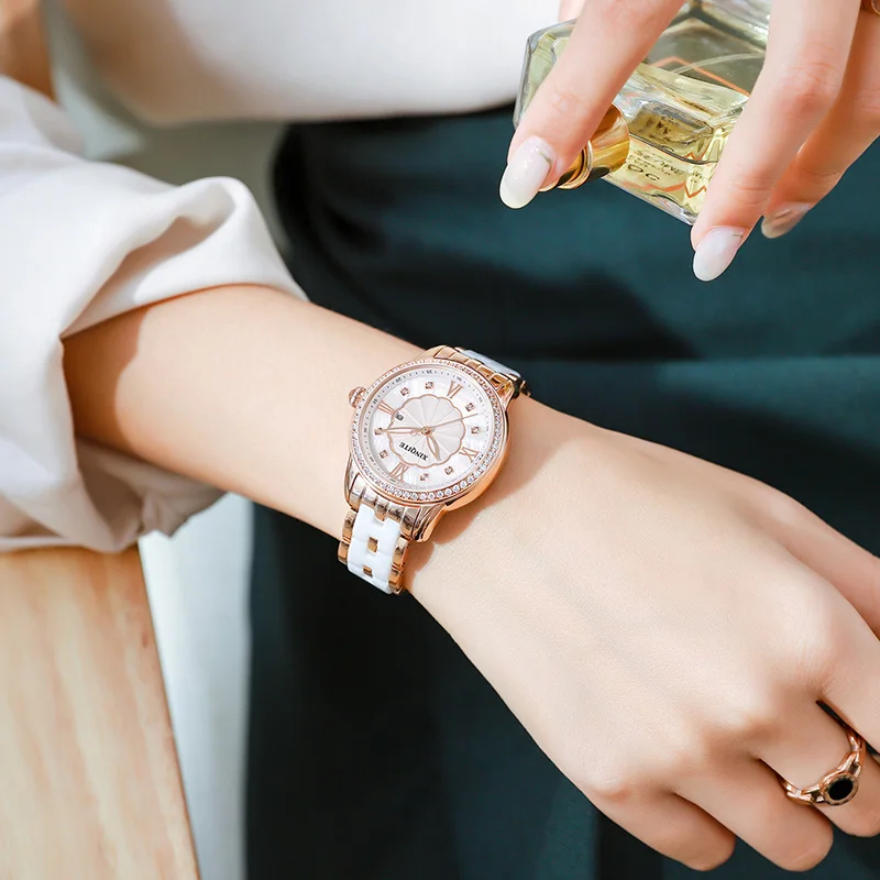 Dress Quartz Women Watch Luxury Stainless Steel Rose Gold Case Diamond Girls Watches White Ceramic Strap Elegent Lady Watch