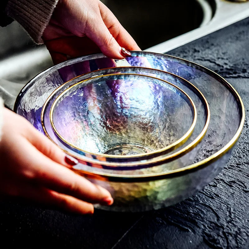 Thick Rainbow Glass Dinner Plates Steak Plate Dishes Salad Fruit Bowl Luxury Gold Inlay Glass Cake Food Plate Tableware