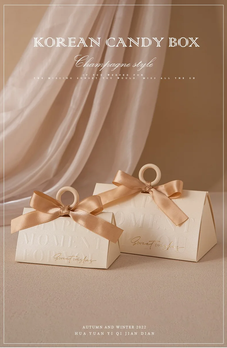 Triangular Champagne Wedding Gift Boxes – Candy Packaging Favor Boxes with Ribbon for B... - SKU WGB17073 - UGI Packaging