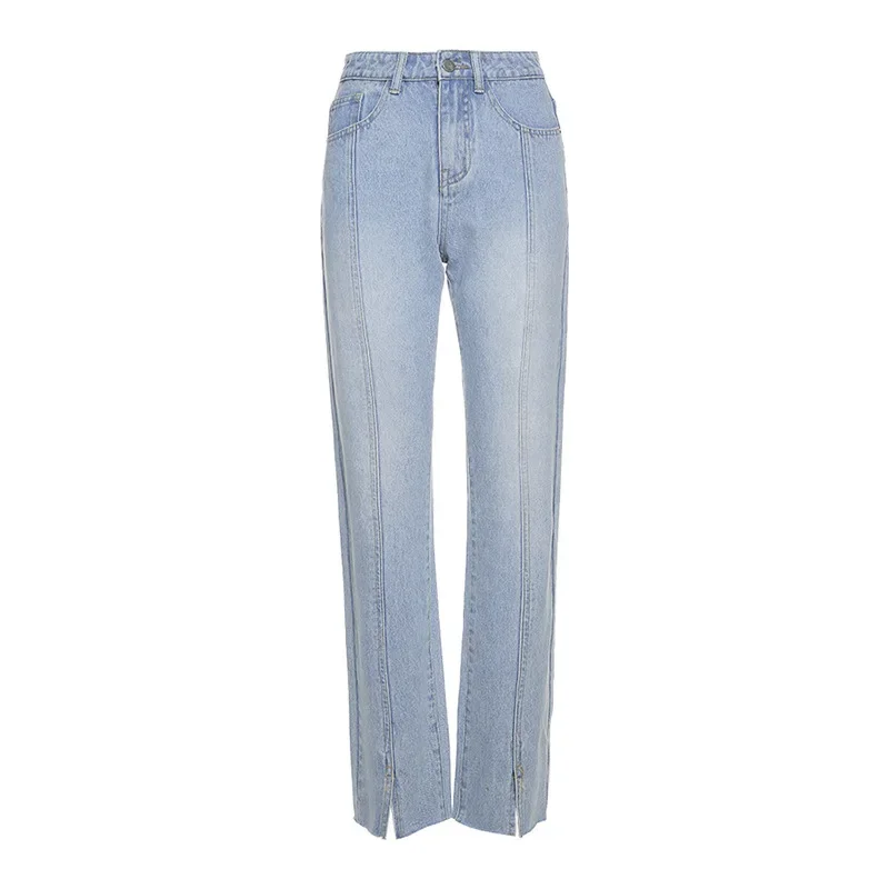 2024 Fall Winter New Style High Waist Fashion Split Vintage Striped Jeans Women Blue Zipper Pants Female Korean Solid Trouser