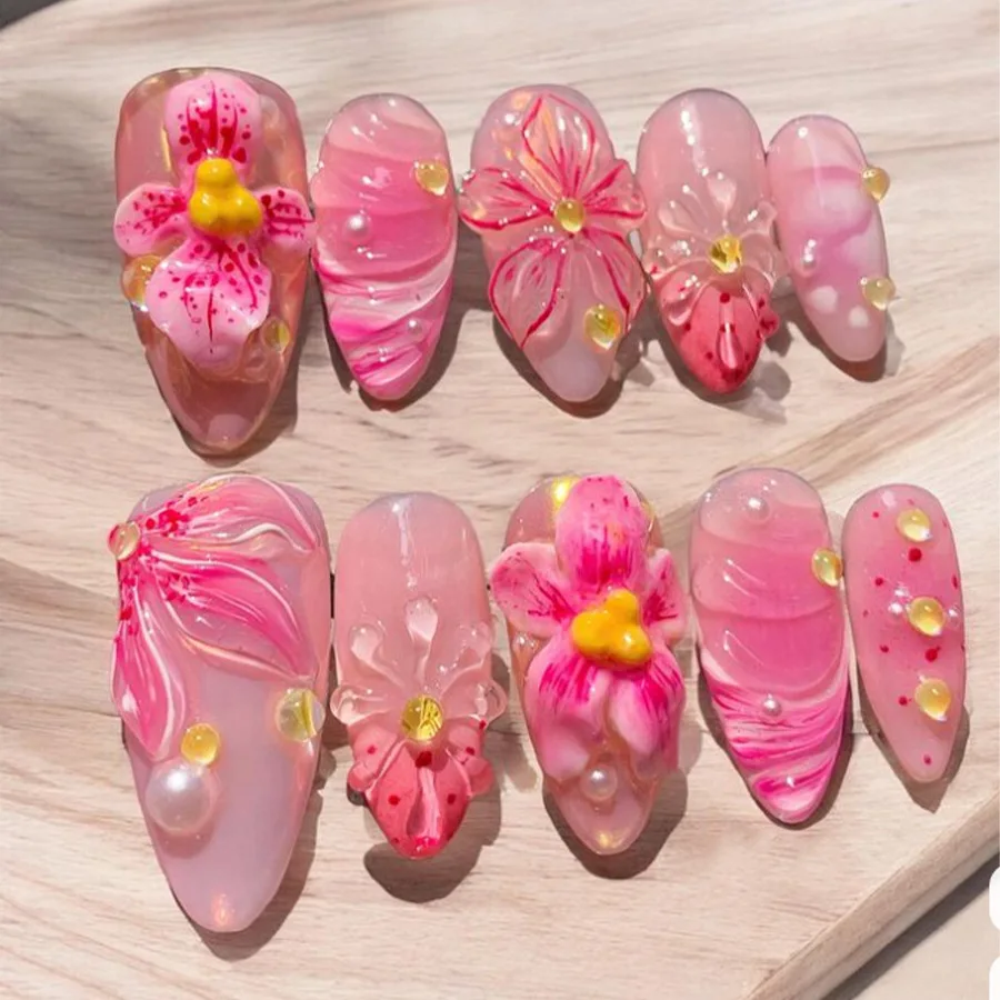 24PCS Pink Almond Press-On Nails with 3D Floral Design and Golden Pearl Accent