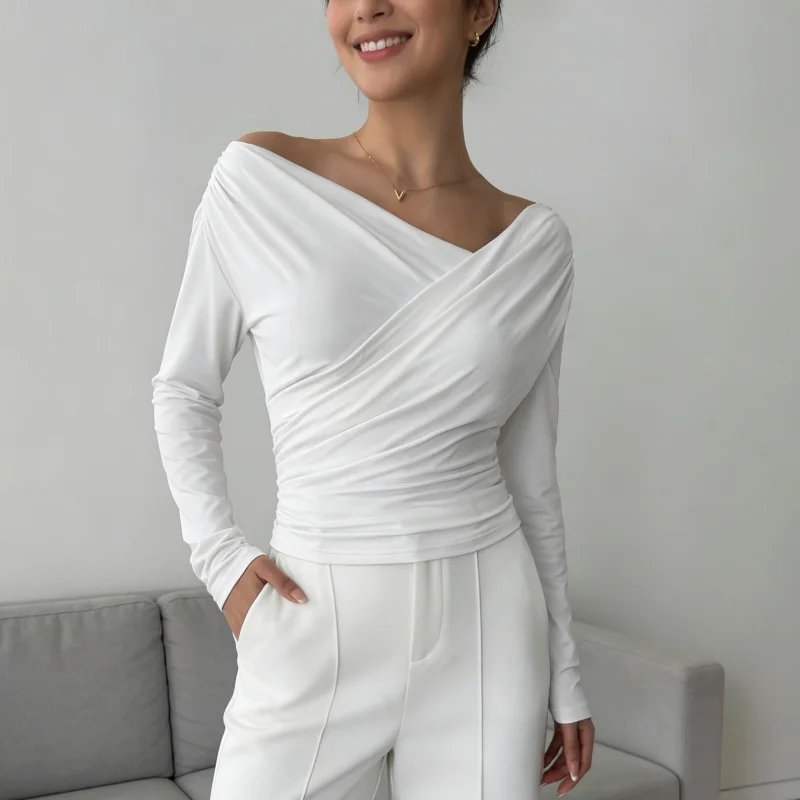 New Fashion Women's Irregular Cross-neck Long Sleeve T-shirt Spring and Autumn Off-shoulder Slimming Commuter Solid Color Top