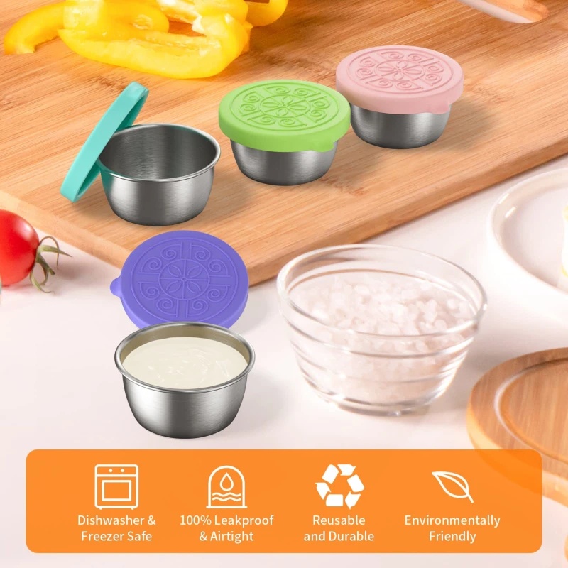 1/2/3PCS Reusable Condiment Containers Stainless Steel Sauce Cup With  Silicone Lids 1.7oz Salad Dressing Container Picnic Food - AliExpress