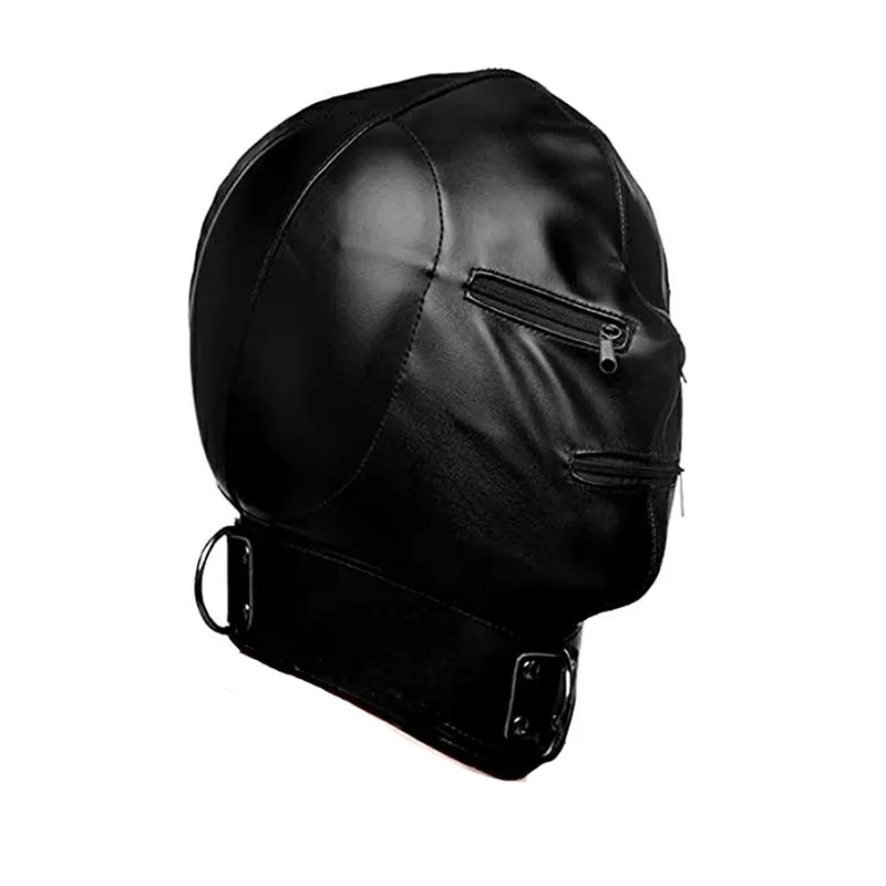 Leather Padded Hood Blindfold And Head Harness Gag Set_voghion.com