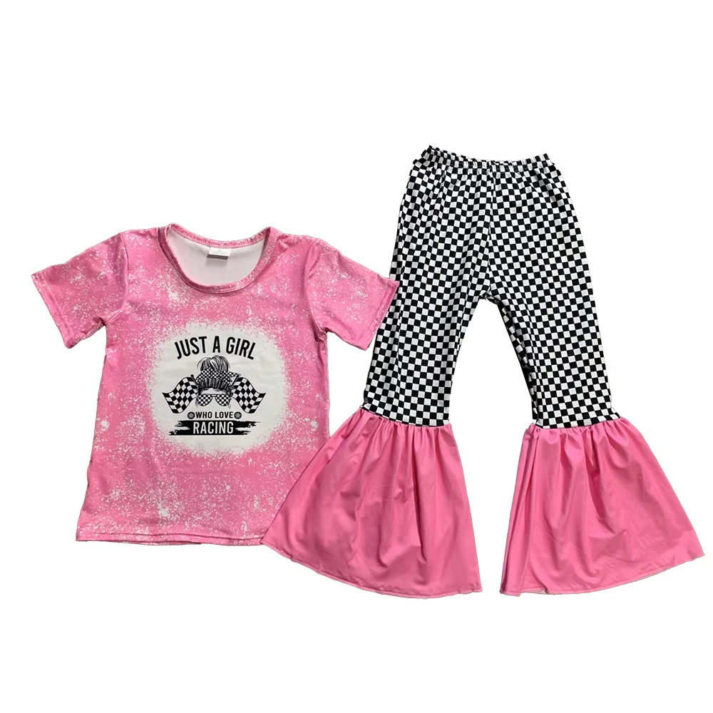 

Wholesale Bleach Pink Girl Cute Short Sleeve Bell Bottoms outfits boutique girls clothing sets free shipping