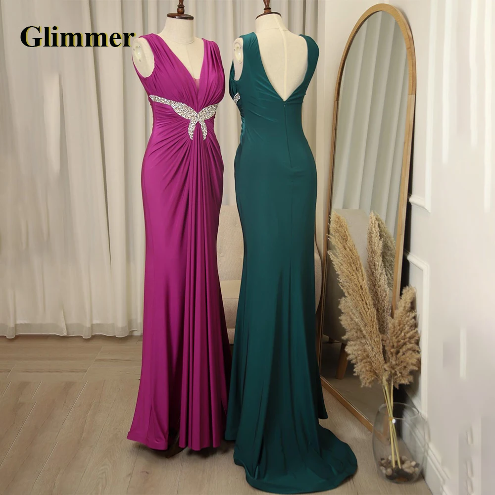 

Glimmer Fancy V Neck Graduation Dresses Mermaid Rhinestones Sleeveless Backless Pleat Zipper Robes De Soiree Personalised