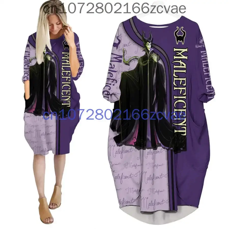 

Летнее женское платье Disney Maleficent с карманами летучая мышь, новое модное уличное платье Y2K, свободное повседневное женское платье с длинным рукавом