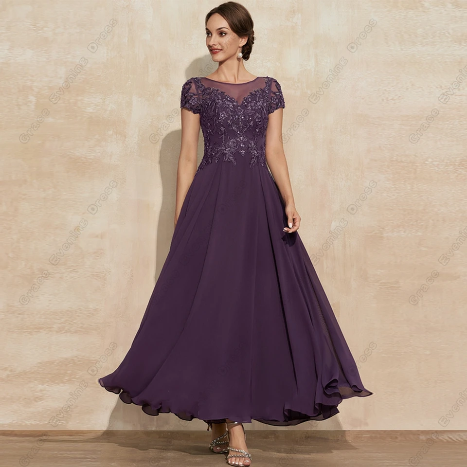fitted lace wedding dress WEDTREND Women Purple A Line Beaded Tea Length Mother of the Bride Dress  with Ruffles Boat Neck Cap Sleeves Chiffon Wedding Guest Dress  Wedtrend UK