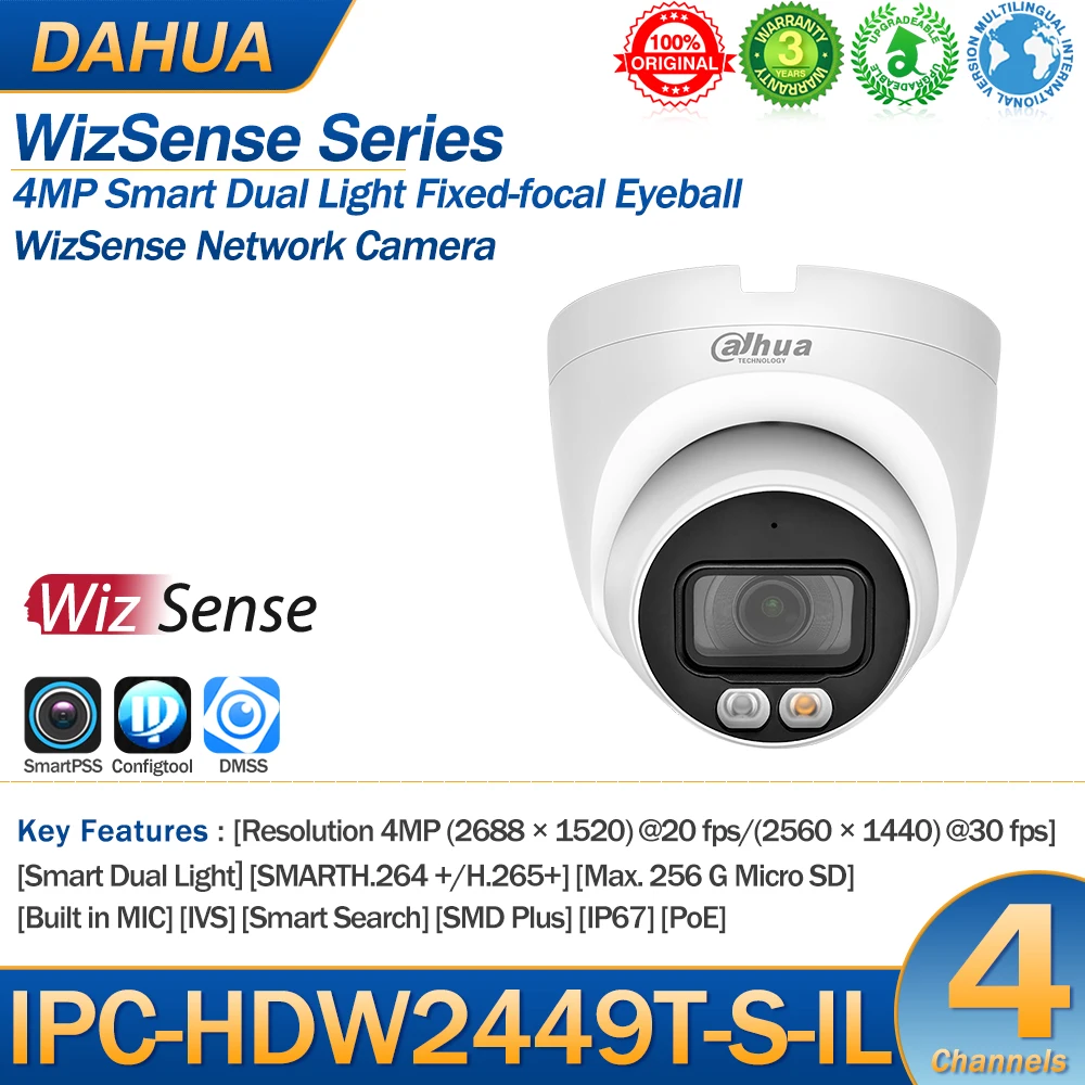 Telecamera Dahua 4Mp Poe Ipc-Hdw2449T-S-Il Smart Dual Light Wizsense Network Camera Full Color Ir Led Integrato Mic Slot Per Scheda Sd Ip67