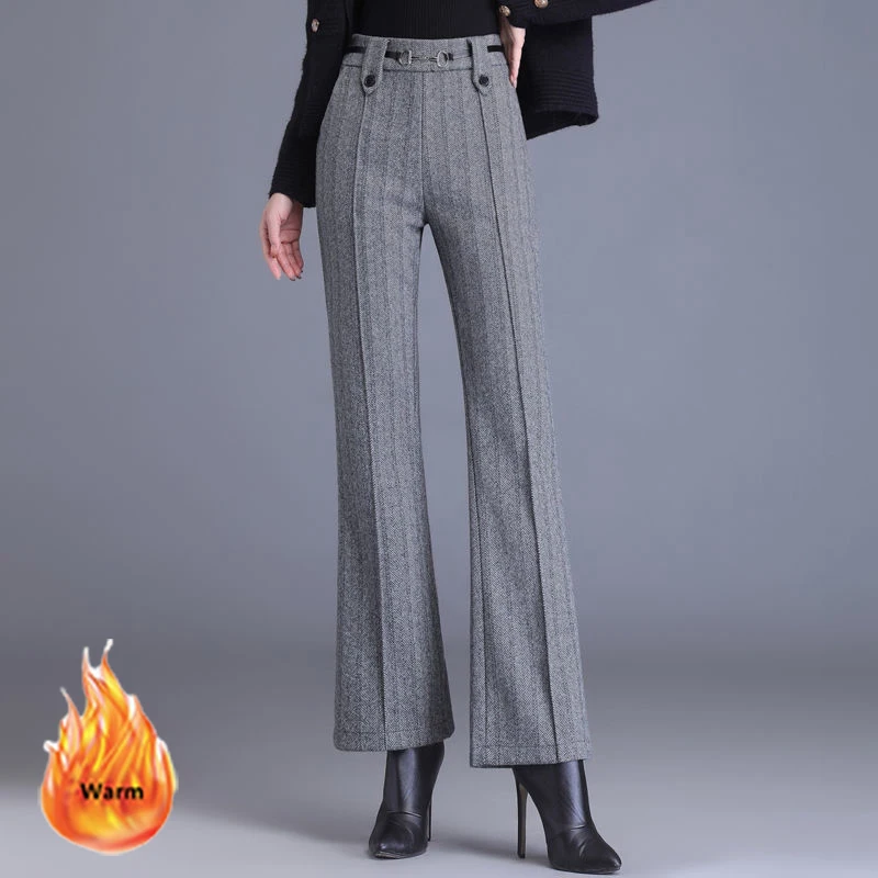 Winter Woolen Pant Women Plus Velvet Casual High Waist Pantalones Large Size Loose Elastic Fleece Lined Korean Straight Trousers