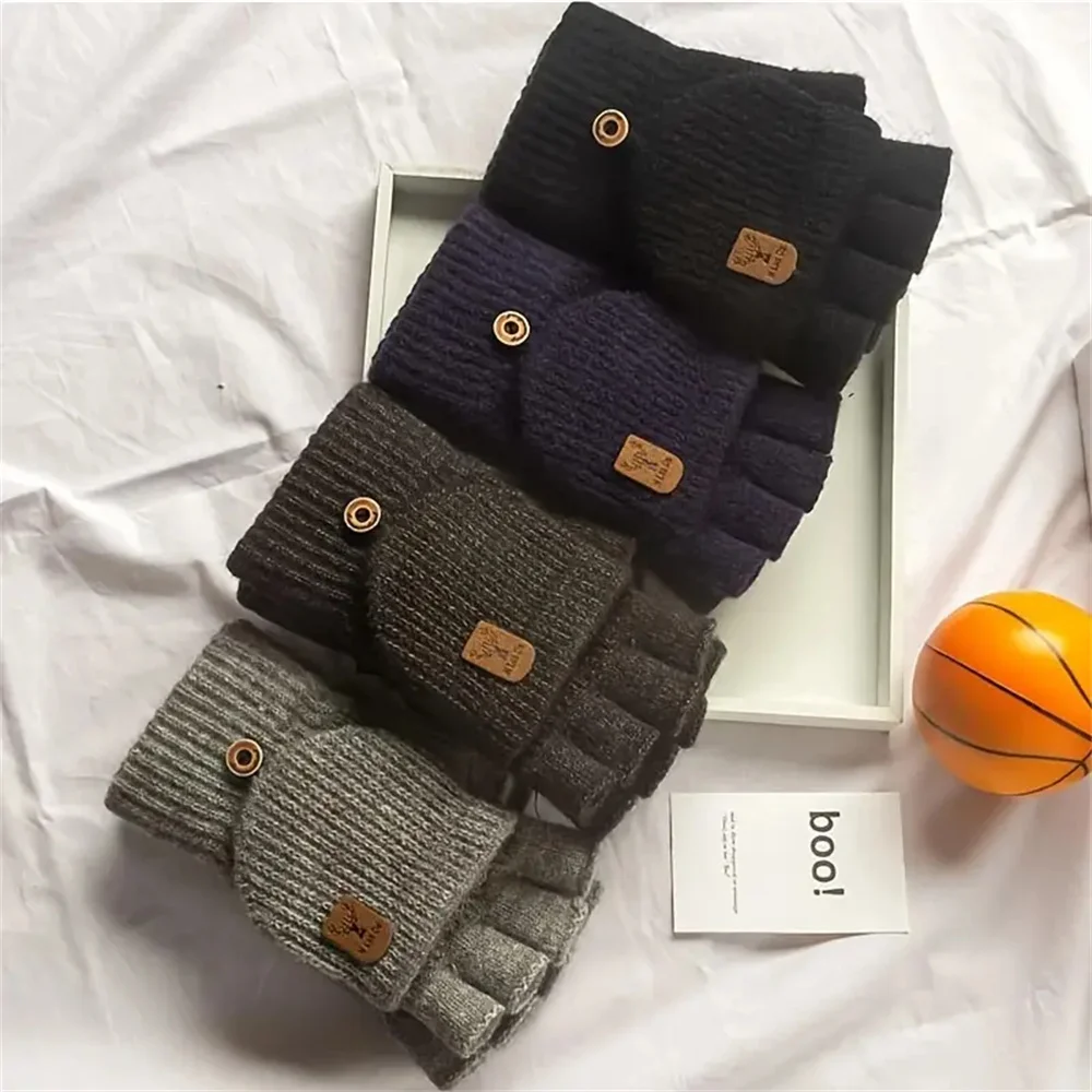 Half Finger Gloves Fingerless Gloves Warm Gloves Men Women Winter Gloves Half Finger Open Flip Design Flap Warm Gloves Knitted Thickened Windproof Hand Cover Gifts for Outdoor