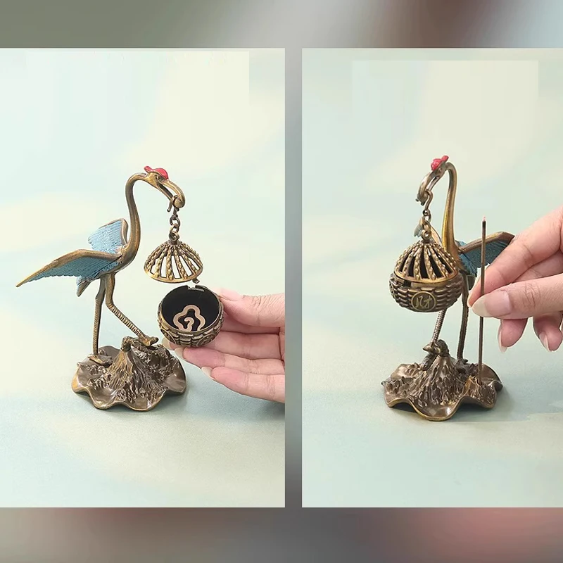 Creative Mini Aromatherapy Furnace, Home Indoor Zen Tea Ceremony Study Decorations, Metal Crane Shape Small Hanging Furnace, 1Pc