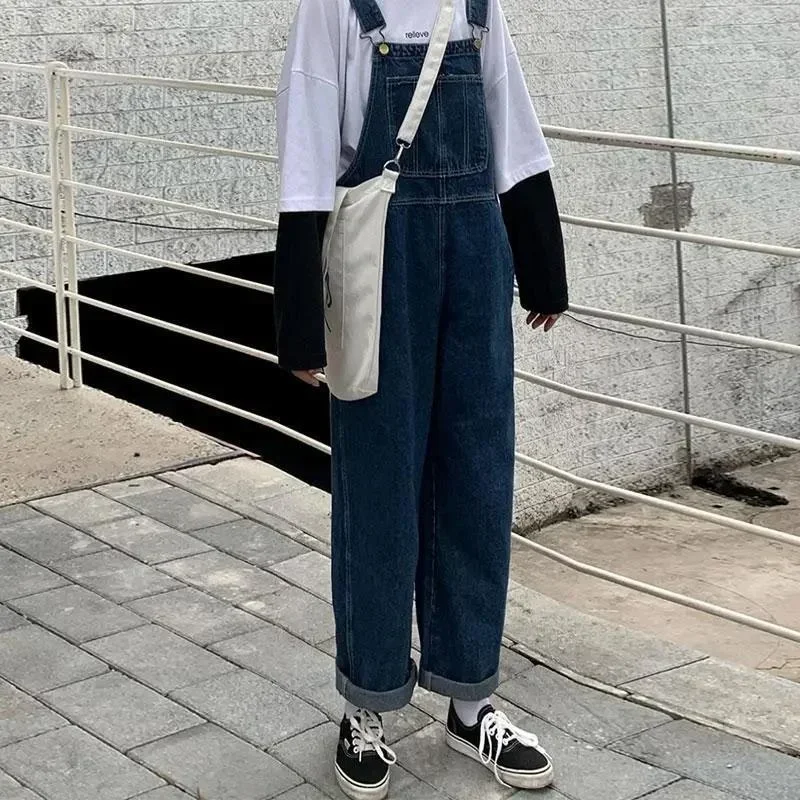 한국어 느슨한 데님 오버올 여성 봄 가을 스트레이트 와이드 레그 청바지 빈티지 멜빵 Maxi Baggy Jumpsuits 남성 여성 S-5XL