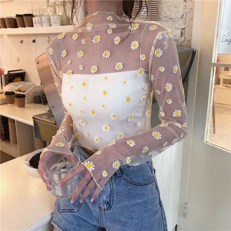 Women Sexy Daisy Mesh See Through T Shirt Cute Flower Pattern Crop Top Long Sleeve Beach Cover Transparent T Shirt Tops