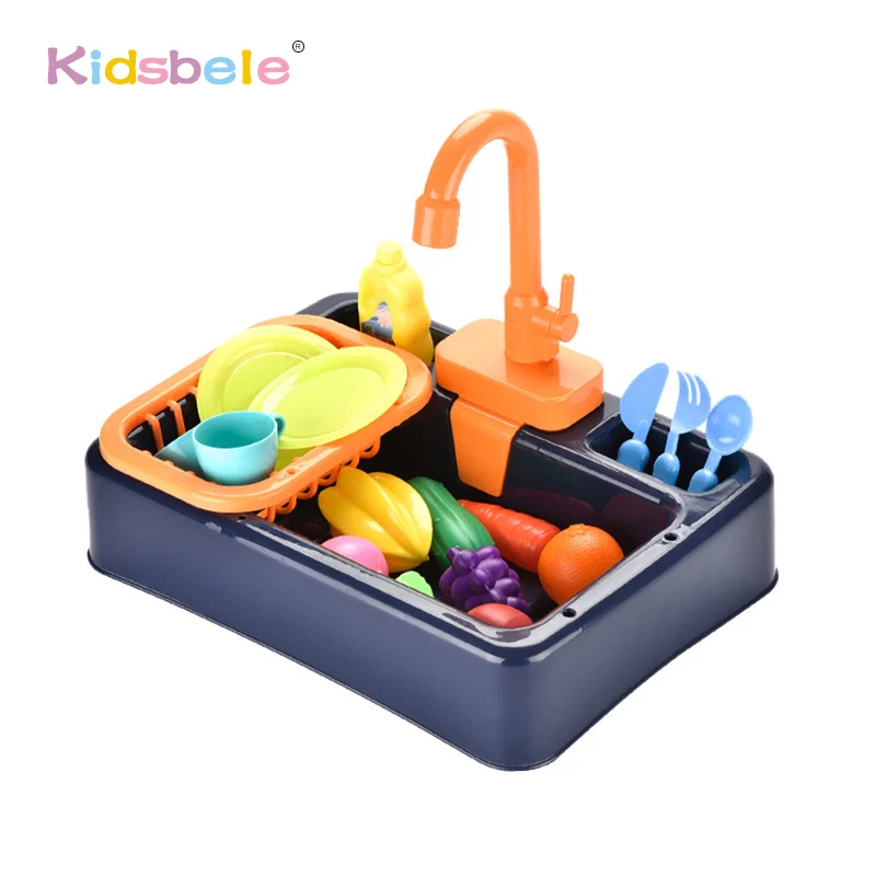 Pretend Play Kitchen Sink Toys with Vegetables and Fruits Electric Dishwasher with Automatic Running Water System