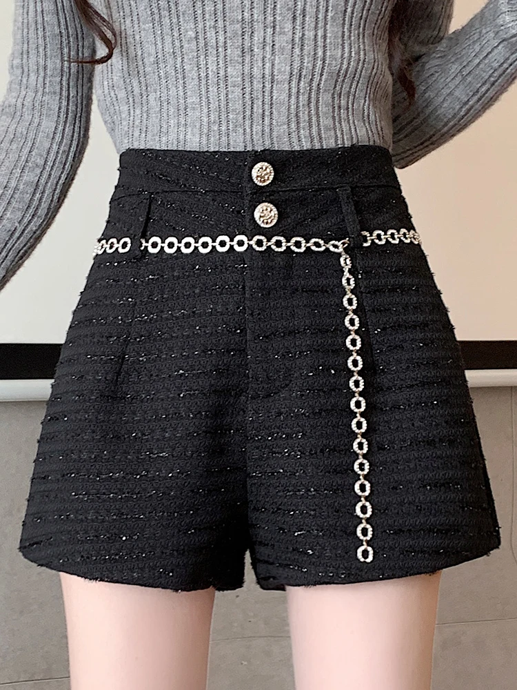 QOERLIN Sequins Belt High Waist Office Ladies Black Beige Wide Leg Loose Casual Shorts Women 2024 Zipper Woolen Shorts Korean