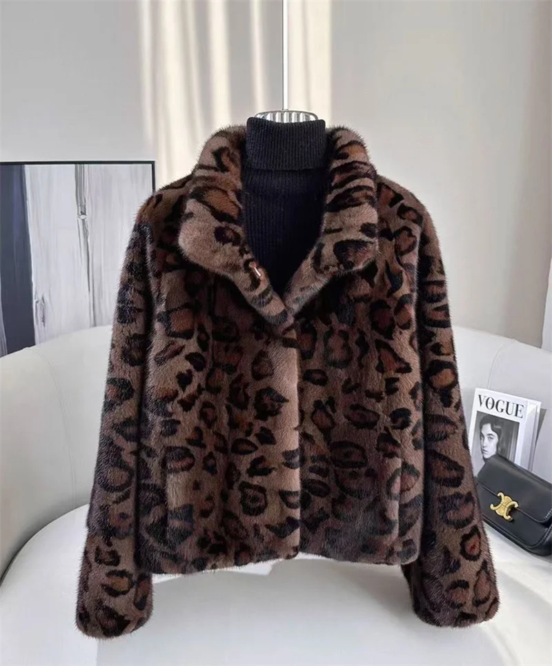 Mink Fur Coat For Women 2025 New Fashion Leopard Print Jacket Short High-Quality Mink Fur High-End Imitation Fur Jacket Zipper