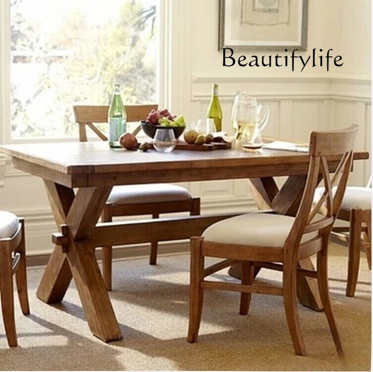 

American Country Solid Wood Retro Dining Table and Chair Nordic Log Dining Table Solid Wood Rectangular Desk