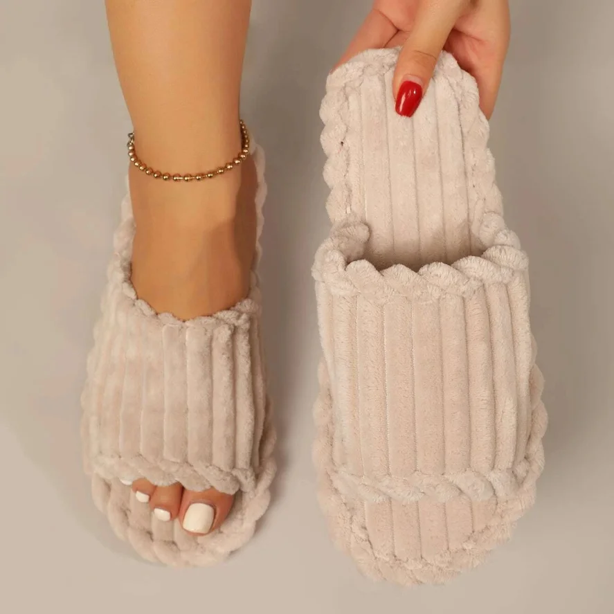 2024 women's new fashionable and minimalist one word slippers for indoor and home couples with striped open toe cotton slippers